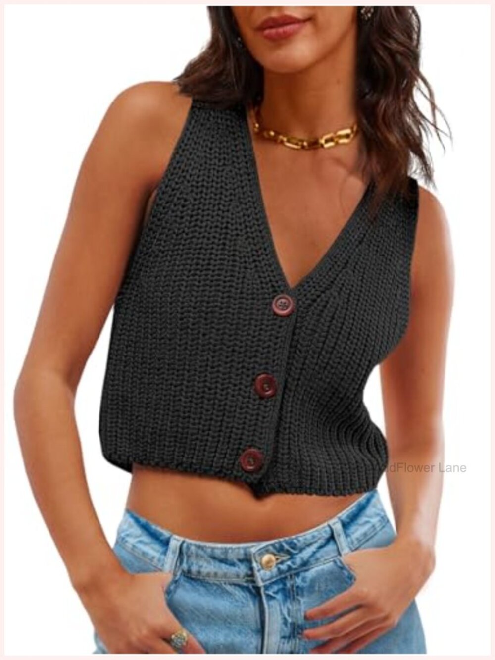 Cropped Sweater Vest V Neck Button Down Sleeveless Chunky Knit Y2k Tank Top